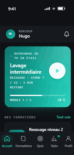 ProLearn mobile — écran d'accueil apprenant, mode sombre